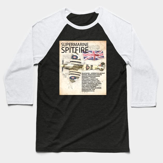 RAF Submarine Spitfire Aircraft Da Vinci Style Aeroplane Baseball T-Shirt by BeesTeez